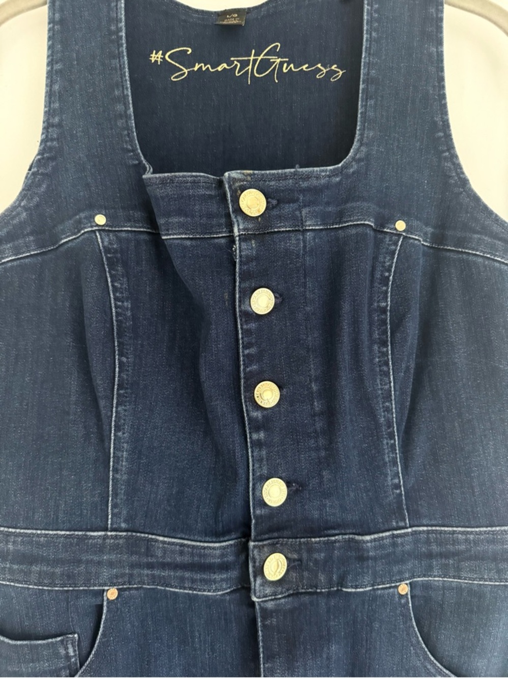 GUESS Stretch Denim Mini Dress Gold Button Front Structured Waist Y2K Jean Dress - Picture 9 of 17